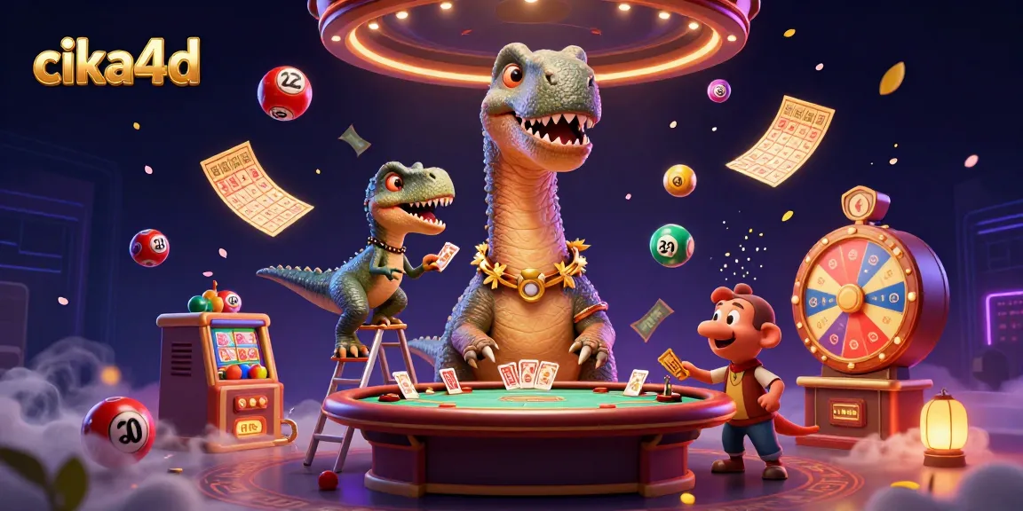 Experience thrilling entertainment with cika4d as a brontosaurus surveys a vibrant casino scene.