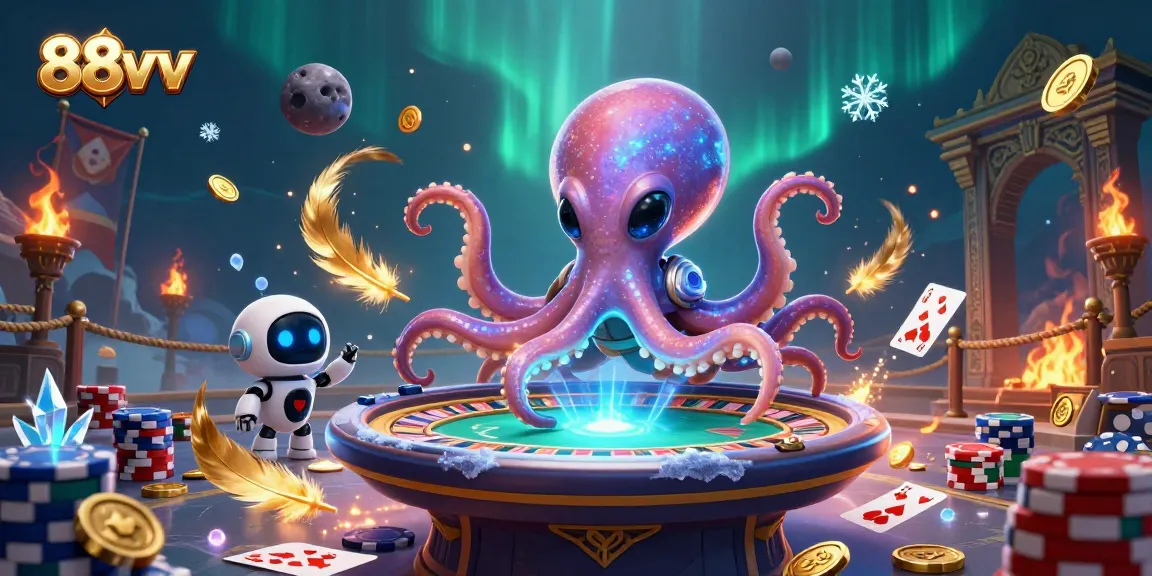 Experience poker excitement with 88vv's alien octopus and holographic gameplay in a vibrant casino scene.