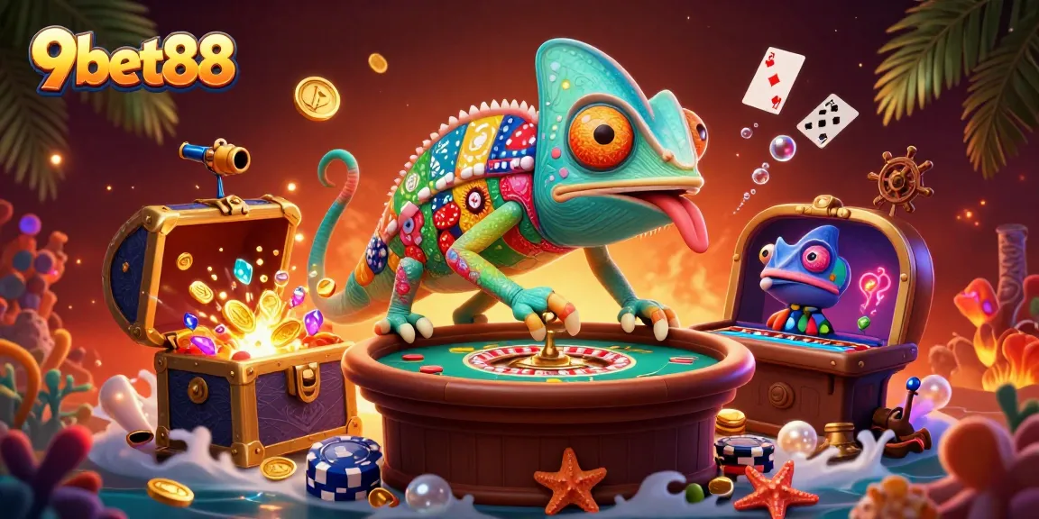 Engage in thrilling 9bet88 casino action with vibrant chameleon character watching over games.