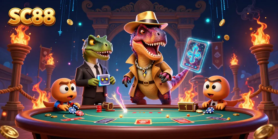 SC88 velociraptor card counter sneaks chips at blackjack table surrounded by dynamic casino elements.