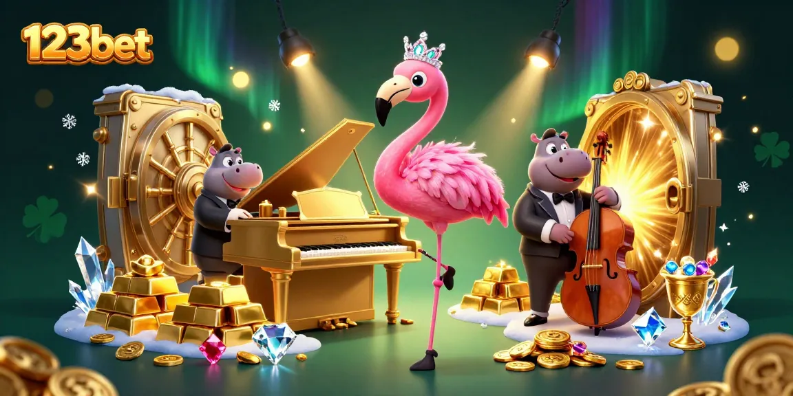 Engage with 123bet's vibrant casino atmosphere featuring lively characters and sparkling treasures.