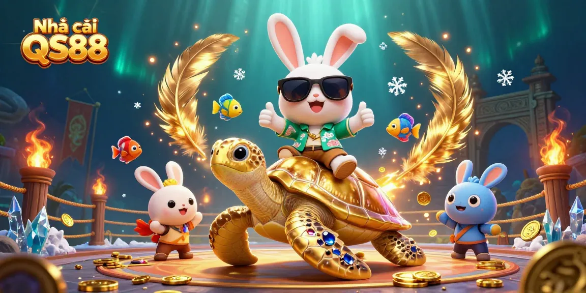 Bet on Nhà cái QS88 with the lucky rabbit and golden sea turtle in a vibrant casino scene.