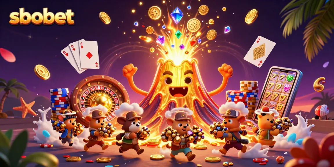 SBOBET enhances gaming excitement with a stunning eruption of coins, gems, and triumphant celebrations in a vivid 3D illustration.