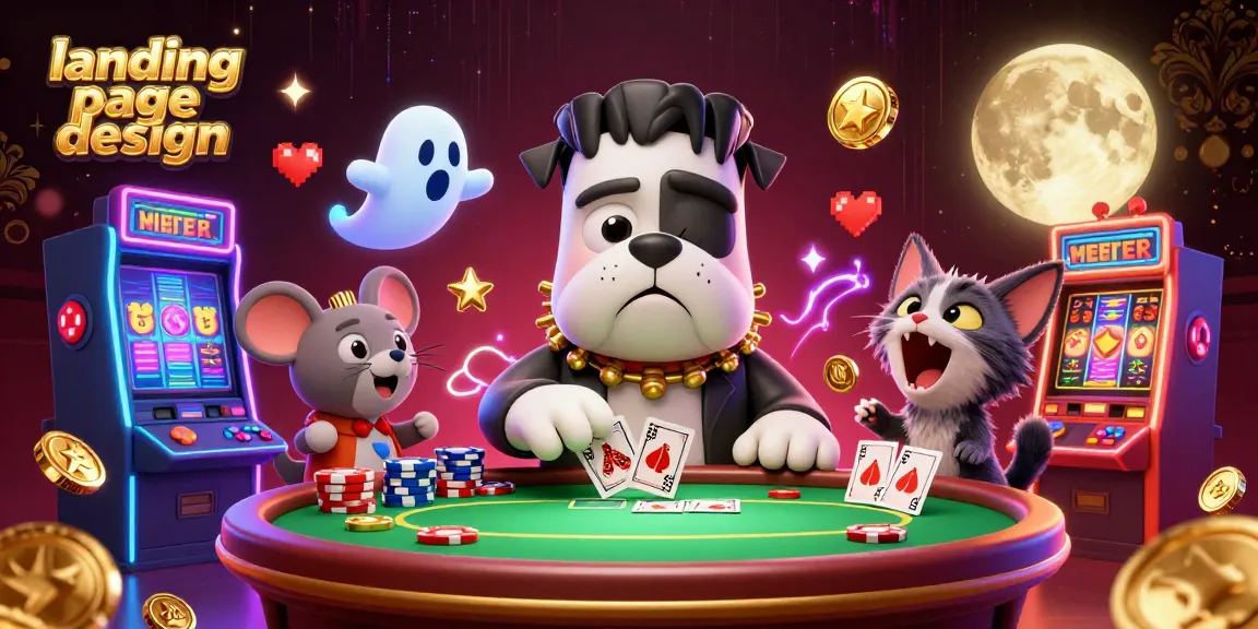 Engaging landing page design showcasing a Frankenstein bulldog dealing cards in a lively casino scene.