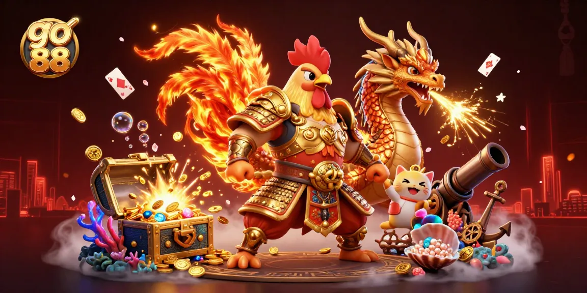 Win big at go 88 with a vibrant 3D illustration showcasing a fierce rooster and dragon fighters amidst casino treasures.