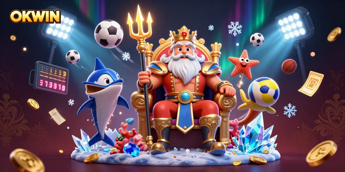 Experience the excitement of OKWIN with 3D cartoon Neptune and sports elements showcasing dynamic betting action.