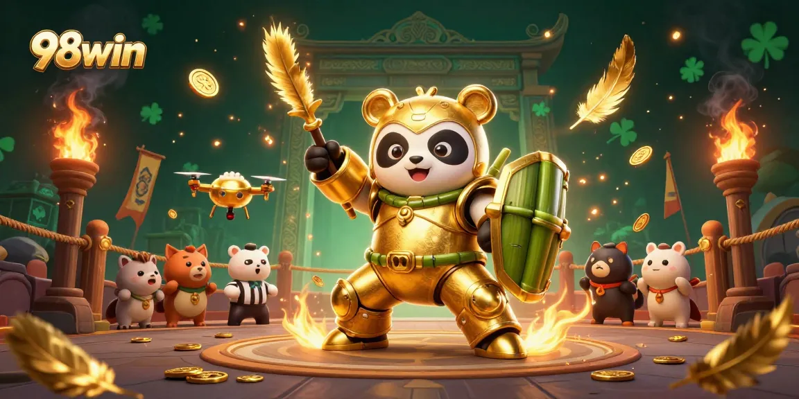 Join the fun at 98win as the golden panda battles in a vibrant casino arena filled with excitement.