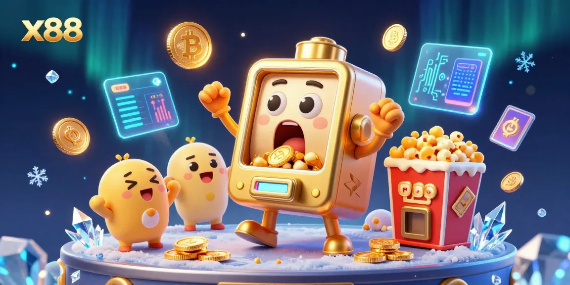 x88 slot machine celebrates a jackpot win with coins pouring out while cheering baby machines surround it.