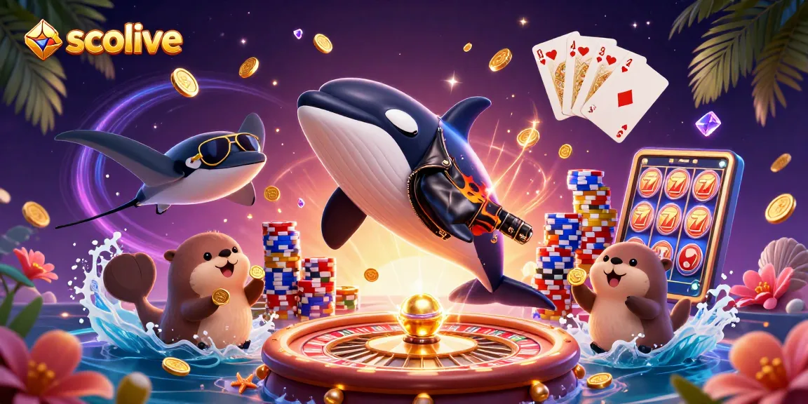 Socolive offers exhilarating gaming with vibrant illustrations featuring dynamic sea creatures and casino elements.