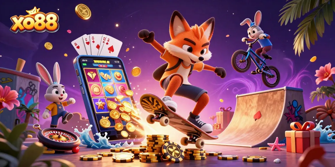 Showcase exciting gaming action with xo88 in a vibrant casino-themed illustration featuring lively characters.
