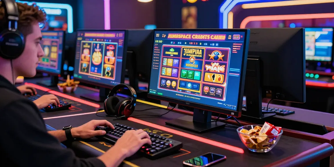 Exciting player experience at jumpspace credit card casinos with vibrant online gaming setup, showcasing slot games and promotions.