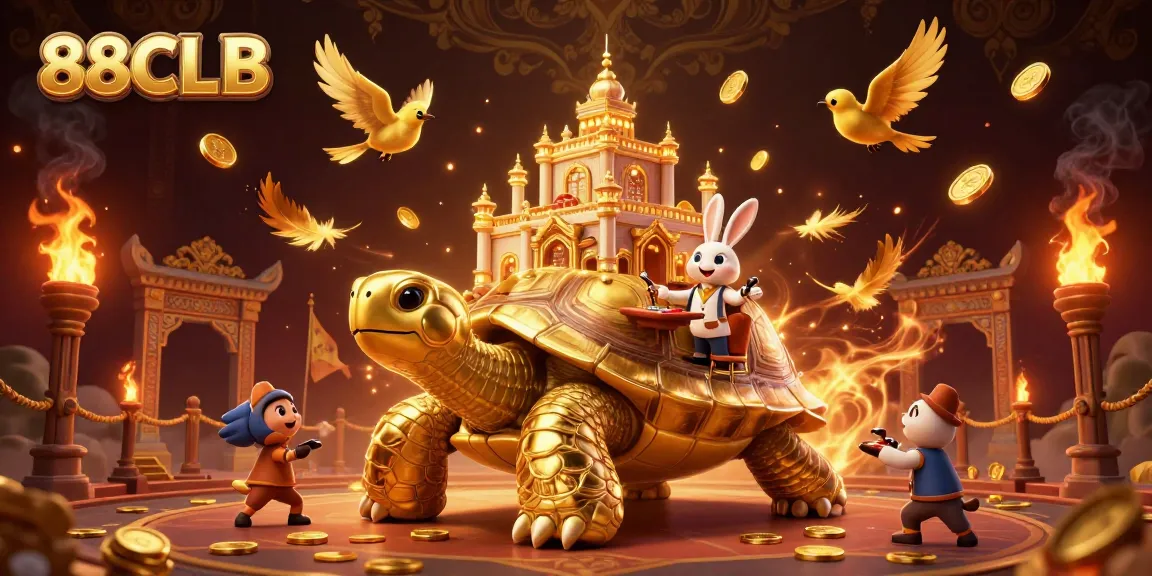 Bet at 88CLB with a vibrant casino scene showcasing a golden tortoise and dynamic dealer action.