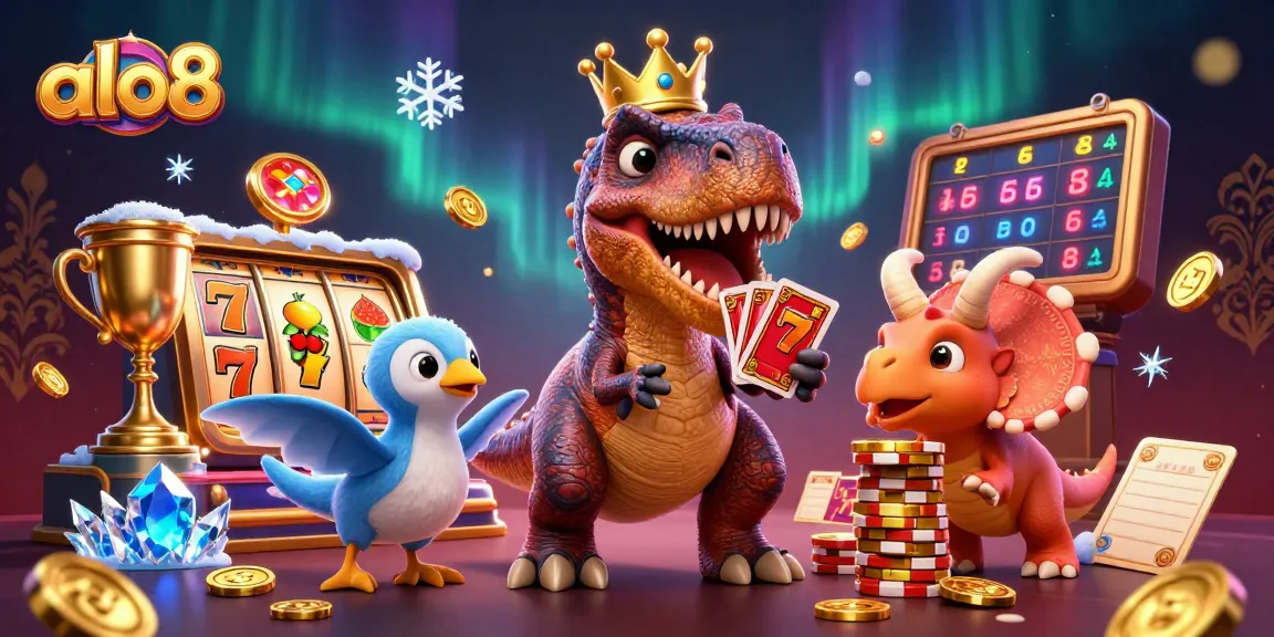 Alo8 casino scene showing a T-Rex shuffling cards, with vibrant slot reels and colorful chips.