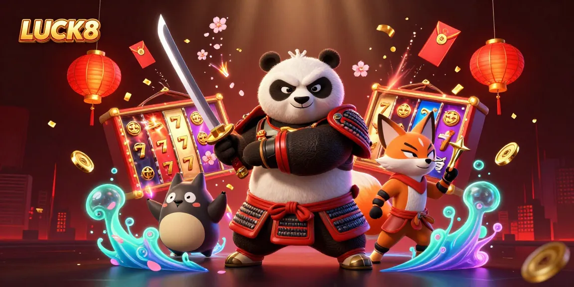LUCK8 showcasing vibrant slots experience with a panda samurai and ninja fox in an engaging casino scene.
