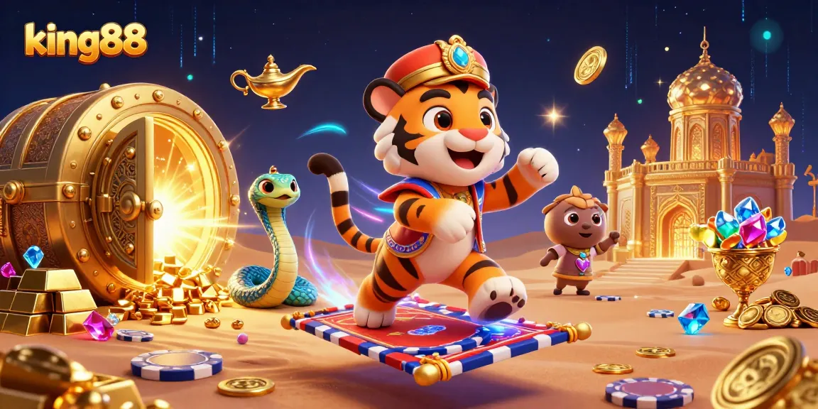 Experience exciting wins at king88 with a vibrant 3D casino crown illustration featuring treasures.