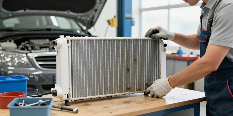 A trusted nearby mechanic inspecting a dirty car radiator in a clean auto repair shop.