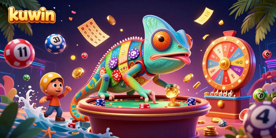 Kuwin players enjoying exciting games amidst a vibrant casino scene with a chameleon owner, colorful elements.