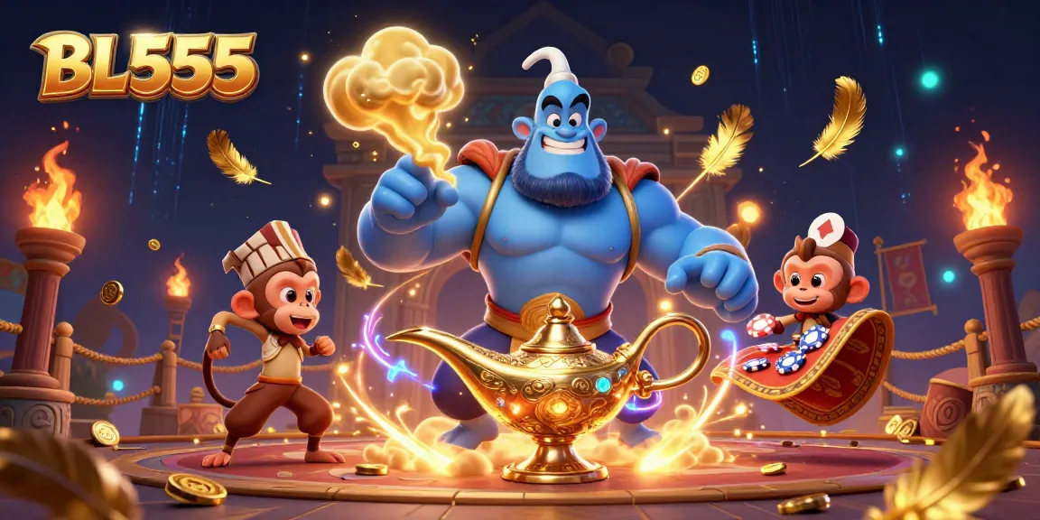 Experience thrilling gambling at BL555 with dynamic visuals of a genie, chips, and rich casino elements.