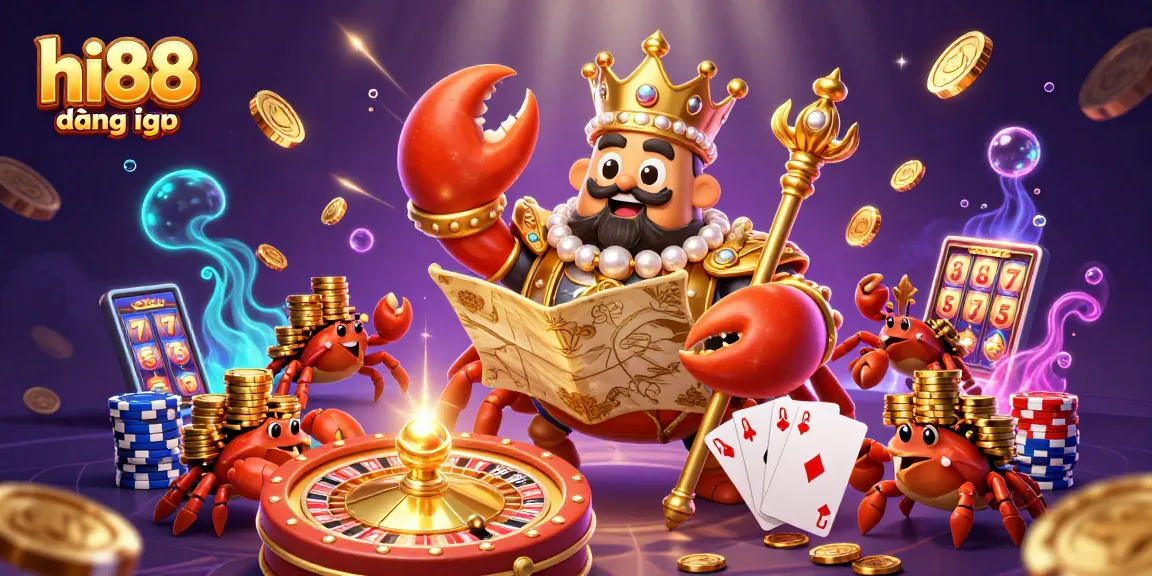 Engage with thrilling hi88 đăng nhập visuals as the golden crab emperor oversees a vibrant casino scene.
