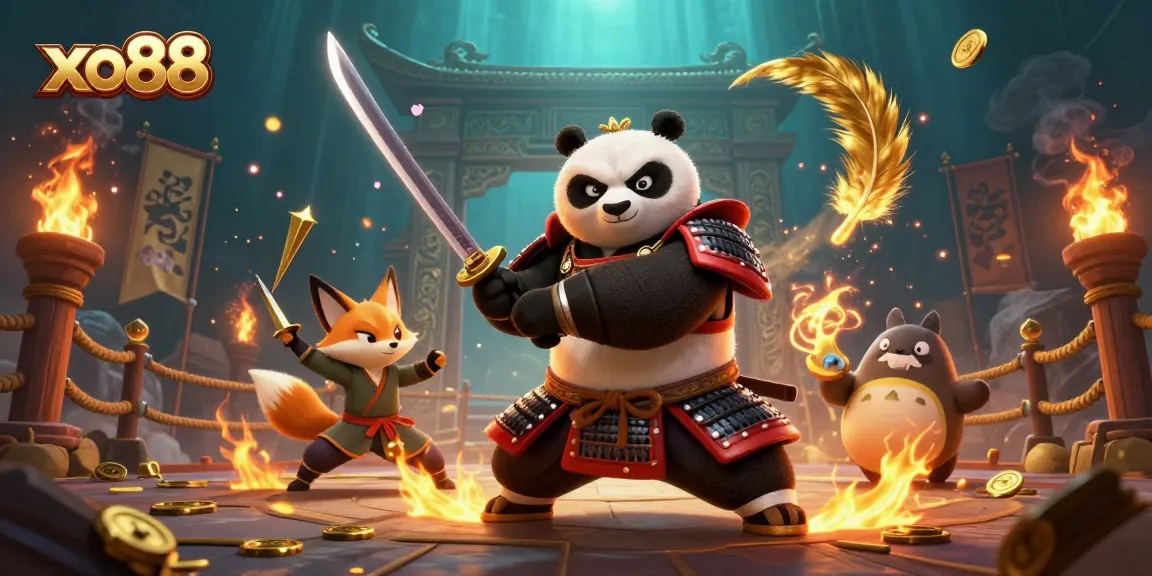 Experience the excitement of xo88 with a vibrant scene depicting a samurai panda, ninja fox, and magical tanuki.