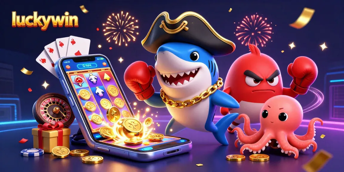 Join the fun at luckywin with a 3D cartoon pirate shark, octopus, and pufferfish celebrating wins!