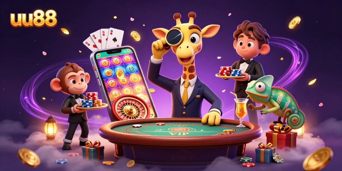 uu88 engages players with a vibrant illustration of a high-roller giraffe, showcasing exciting gaming elements.