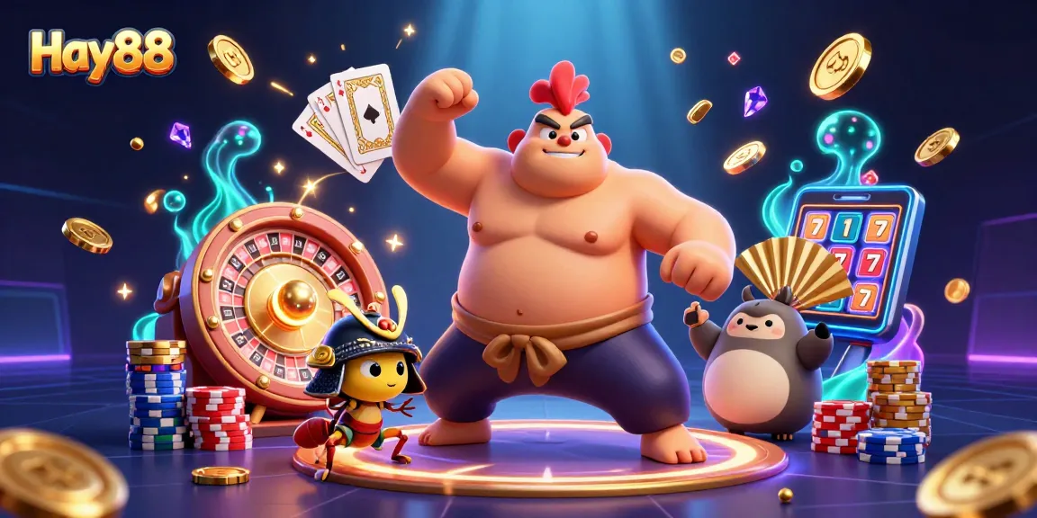 Witness the energetic Hay88 scene as a powerful sumo rooster stomps amidst spinning roulette wheels and flying coins.