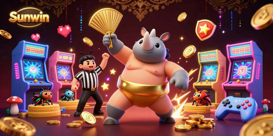 Experience thrilling spins at Sunwin with game characters surrounded by vibrant casino elements and gold coins.