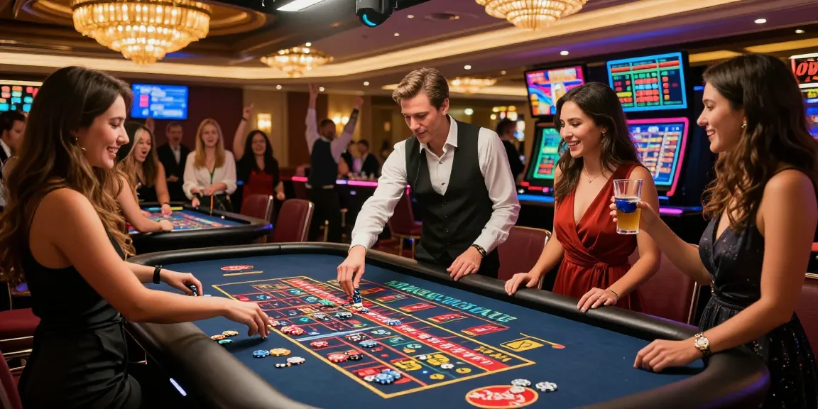 Perayaan kemenangan boswin 88 di meja roulette dengan suasana kasino yang meriah.