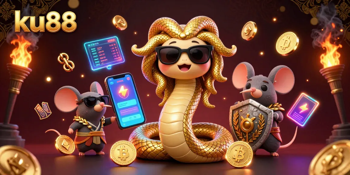 Engage with ku88's dynamic crypto casino scene showcasing Medusa and a warrior mouse.