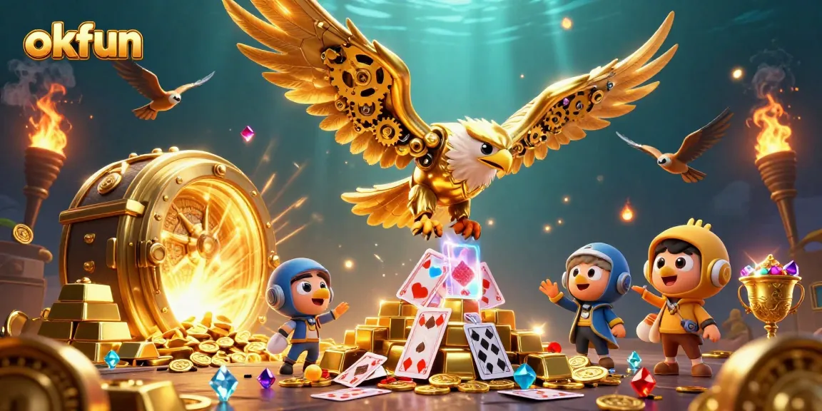 Experience thrilling wins at okfun casino with a cybernetic eagle diving through holographic cards and treasures.