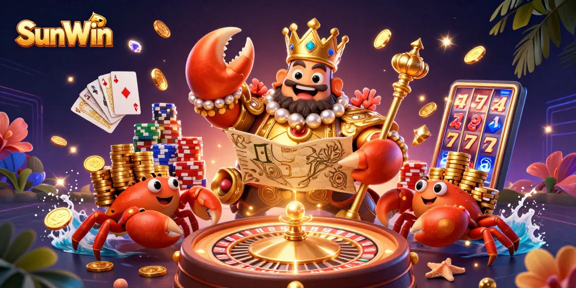 Experience exciting wins at SunWin with a golden crab emperor amidst cascading riches and colorful casino elements.