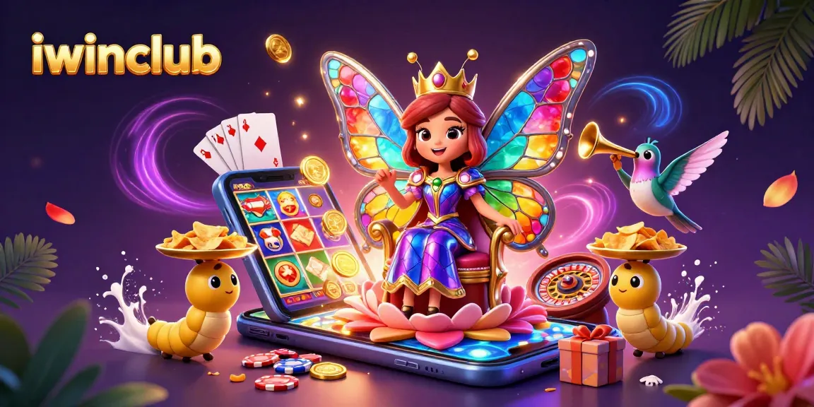 Iwinclub offers thrilling action with colorful gaming elements, including slot games and poker, in a vibrant 3D scene.