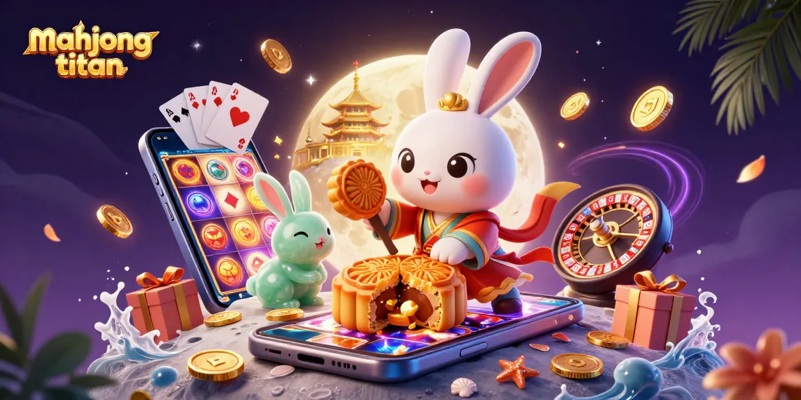 Engage in mahjong titan with a vibrant scene of a moon rabbit and casino elements illustrating a thrilling gaming experience.