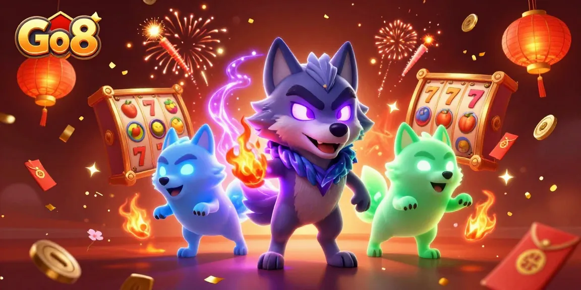 Engage with Go 8’s vibrant 3D casino scene featuring dynamic slot reels and ethereal wolf characters.