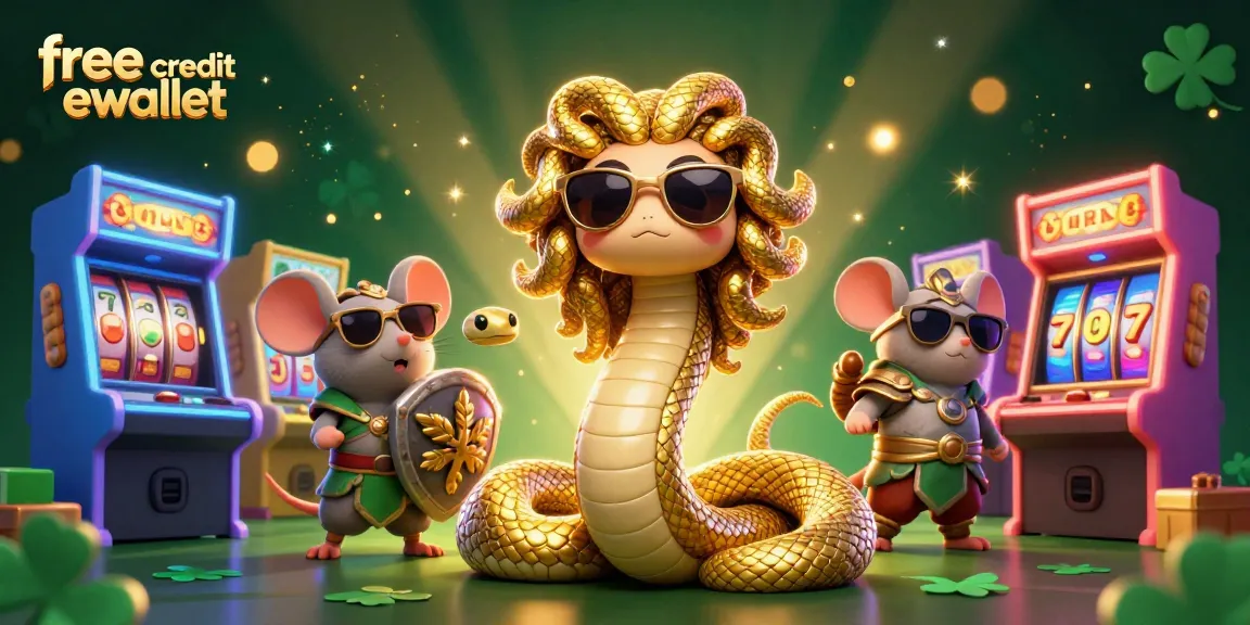 Play with free credit ewallet in a vibrant casino scene featuring Medusa and golden decorations.