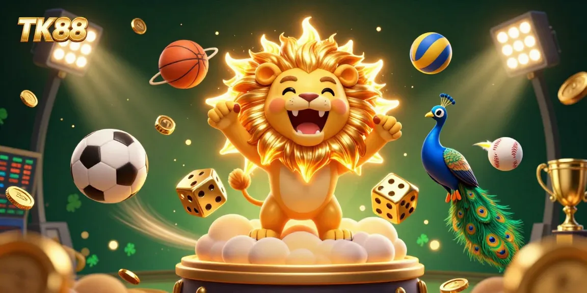 Experience the excitement of TK88 with a vibrant 3D illustration of a roaring lion, golden dice, and sports elements.