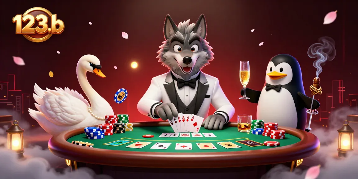 Engage in thrilling games with 123b featuring a stylish wolf, swan dealer, and penguin sommelier.