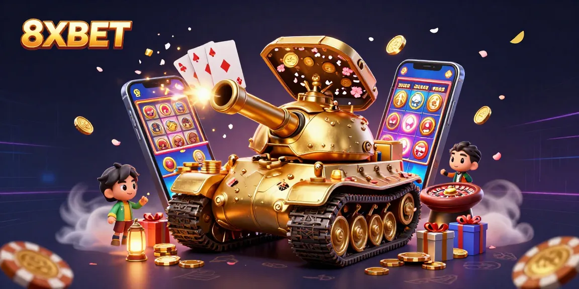 Experience the thrilling atmosphere of 8XBET with a colorful casino illustration and engaging game elements.