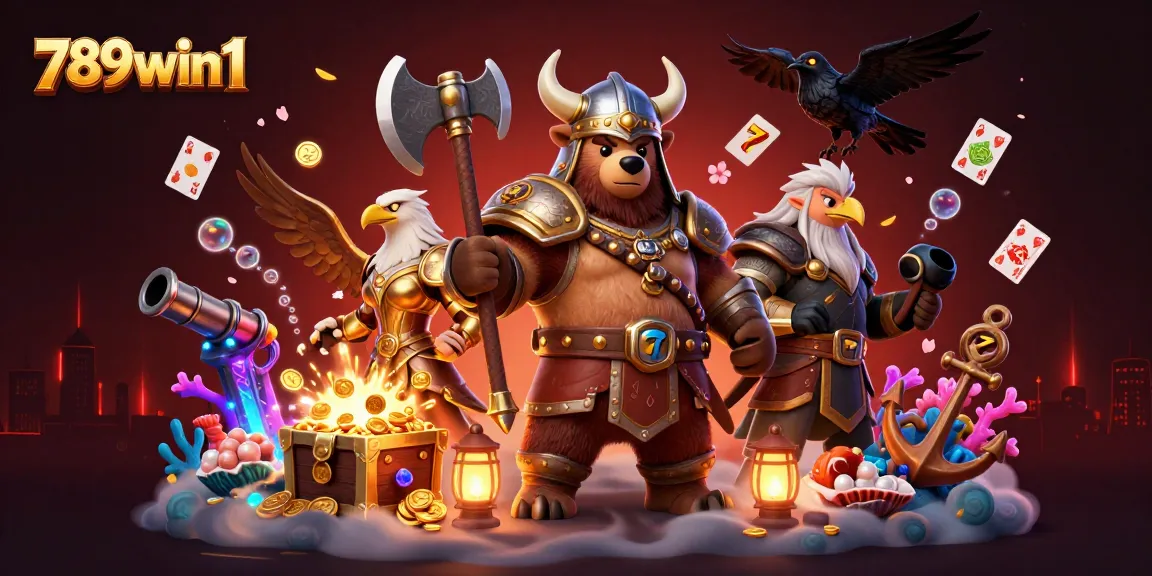 Experience thrilling gameplay with 789win1 as Viking bears and Valkyries chase treasures in this vibrant digital illustration.