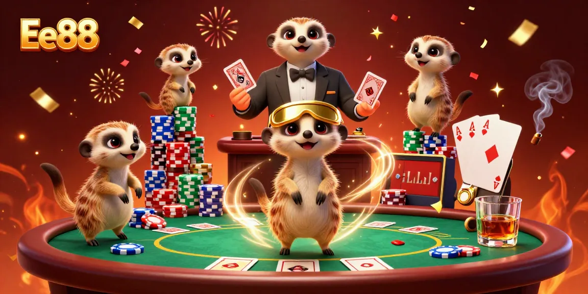 Experience the excitement of Ee88 with unique meerkat characters managing a vibrant casino game scene.