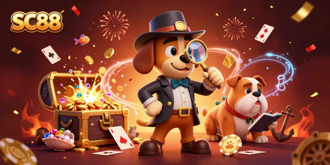 Engage with SC88's thrilling treasure hunt as a detective uncovers poker clues among vibrant casino elements.