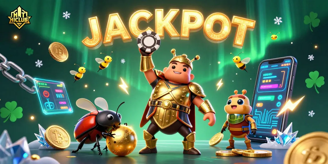 Win big at HITCLUB as a 3D beetle champion lifts a poker chip amid vibrant, neon-lit gaming elements.