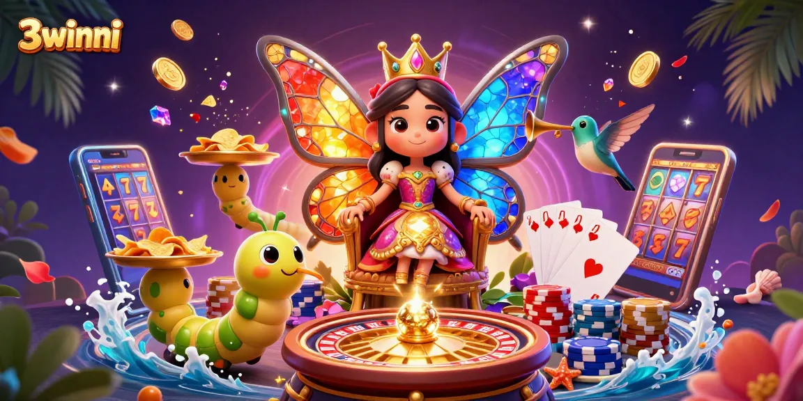 Experience 3winni's vibrant casino adventure with golden coins and a stunning butterfly queen.