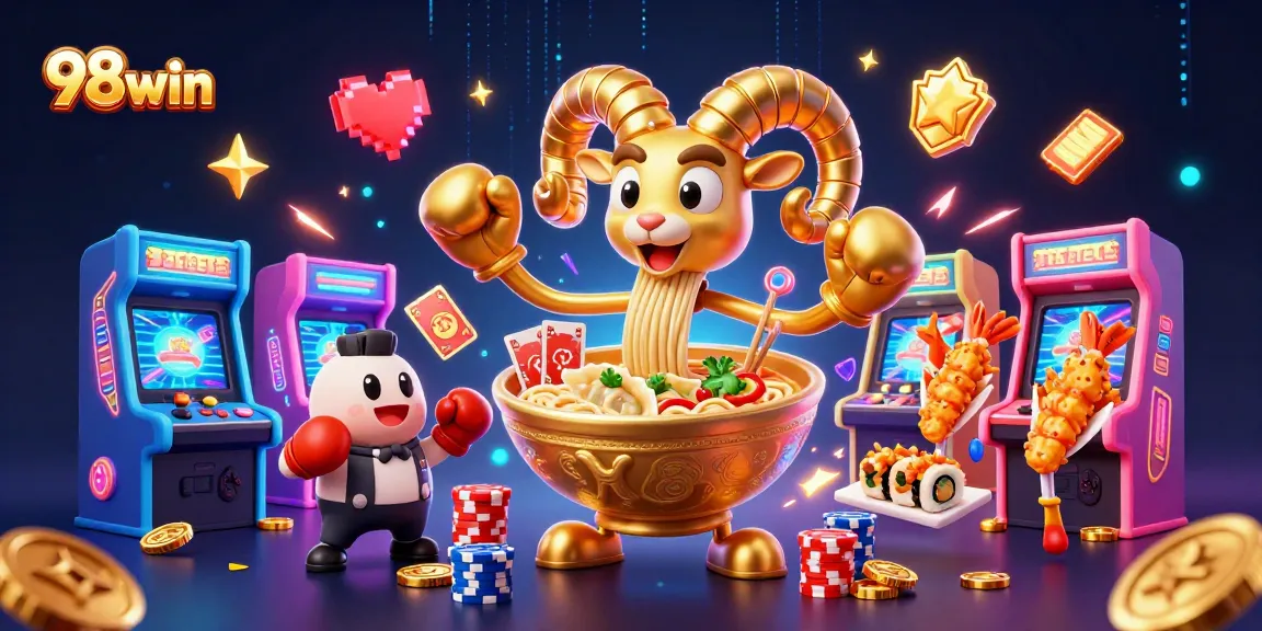 Experience the excitement of 98win with a vibrant casino scene featuring fun characters and gaming elements.