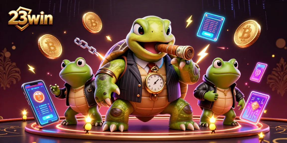 Experience gaming excitement with 23win's vibrant casino scene featuring a turtle mobster and bullfrog enforcers.