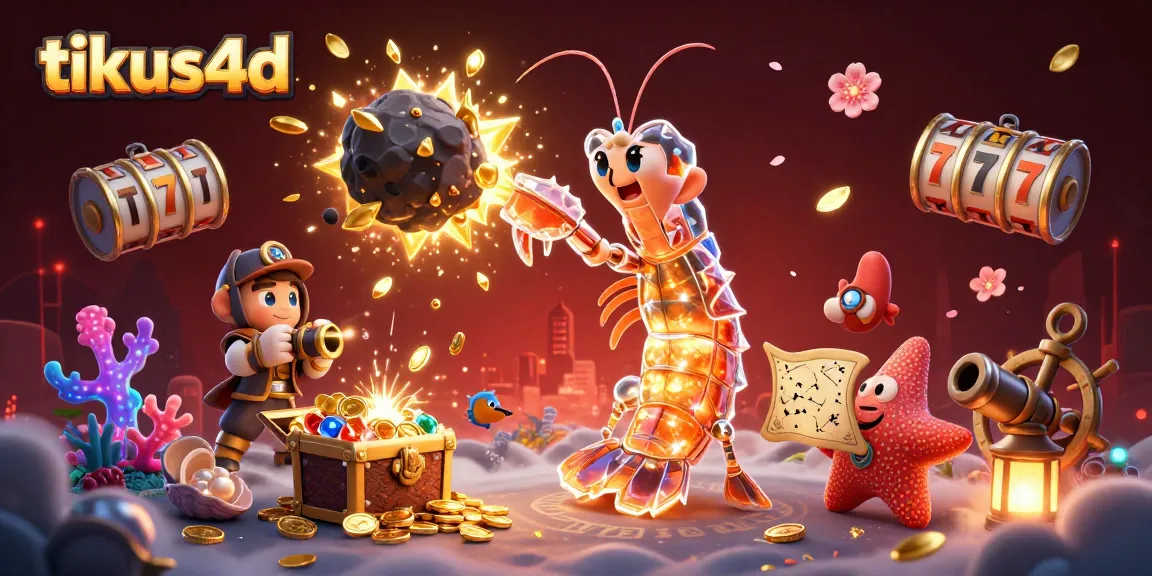 Experience thrilling gameplay with tikus4d as the mantis shrimp battles for gold coins and treasure in this dynamic scene.