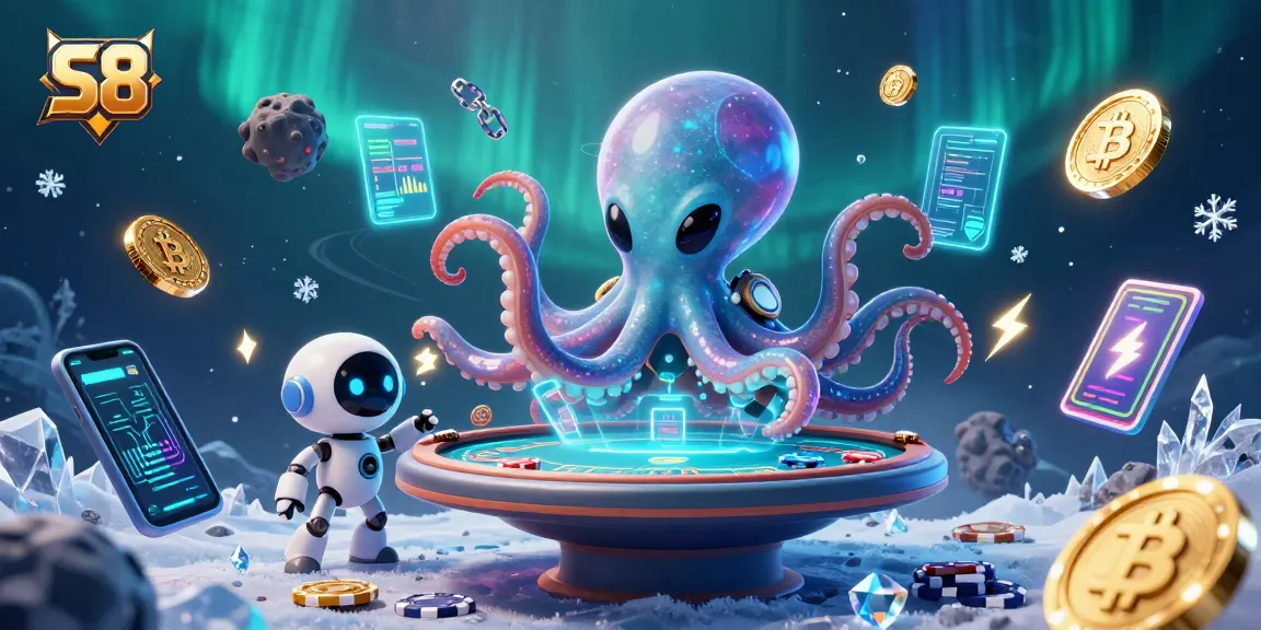 S8 engages in dynamic gambling action with an alien octopus and robot at a holographic poker table.