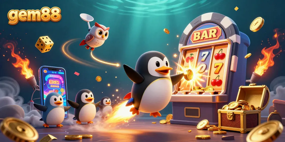 Jump into action with gem88 as a golden penguin navigates a vibrant casino-themed space!