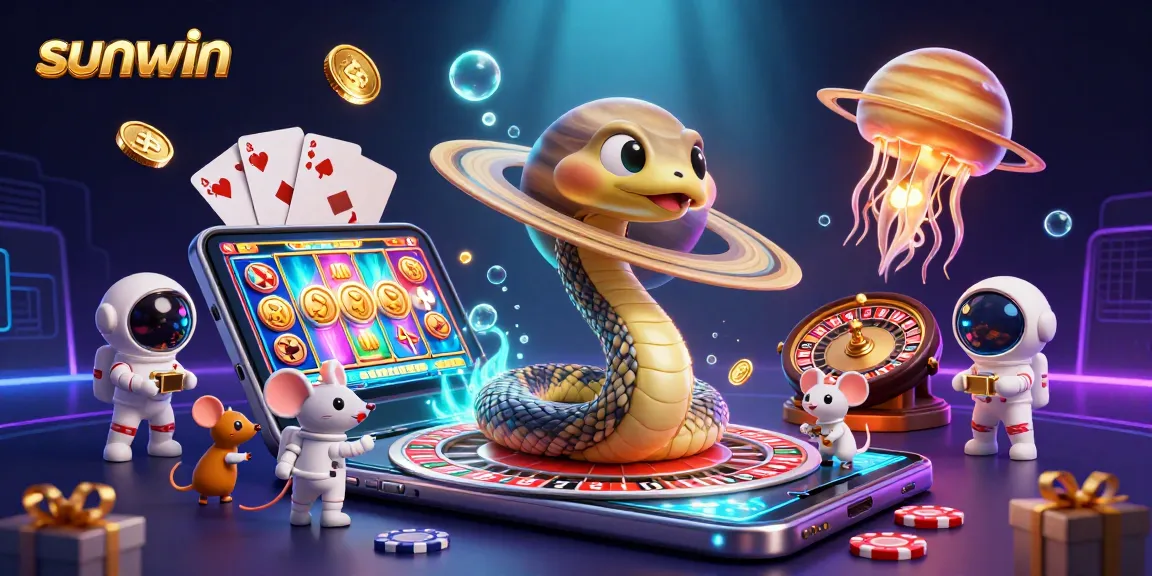 Engage with sunwin's cosmic gaming scene featuring a roulette snake and betting astronaut mice.